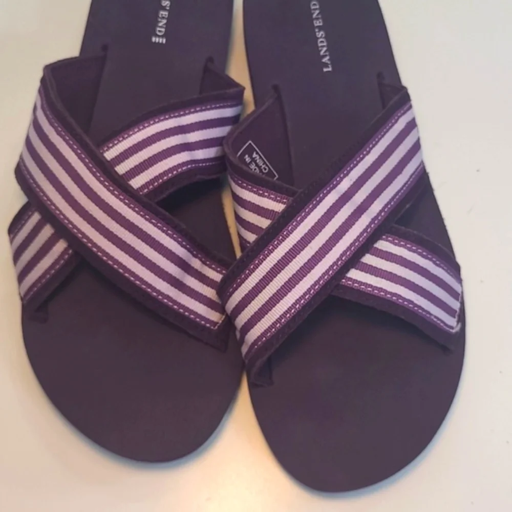 Lands' End Criss-Cross Slip-on Sandal Foam Sole Striped Strappy Beachy Slides